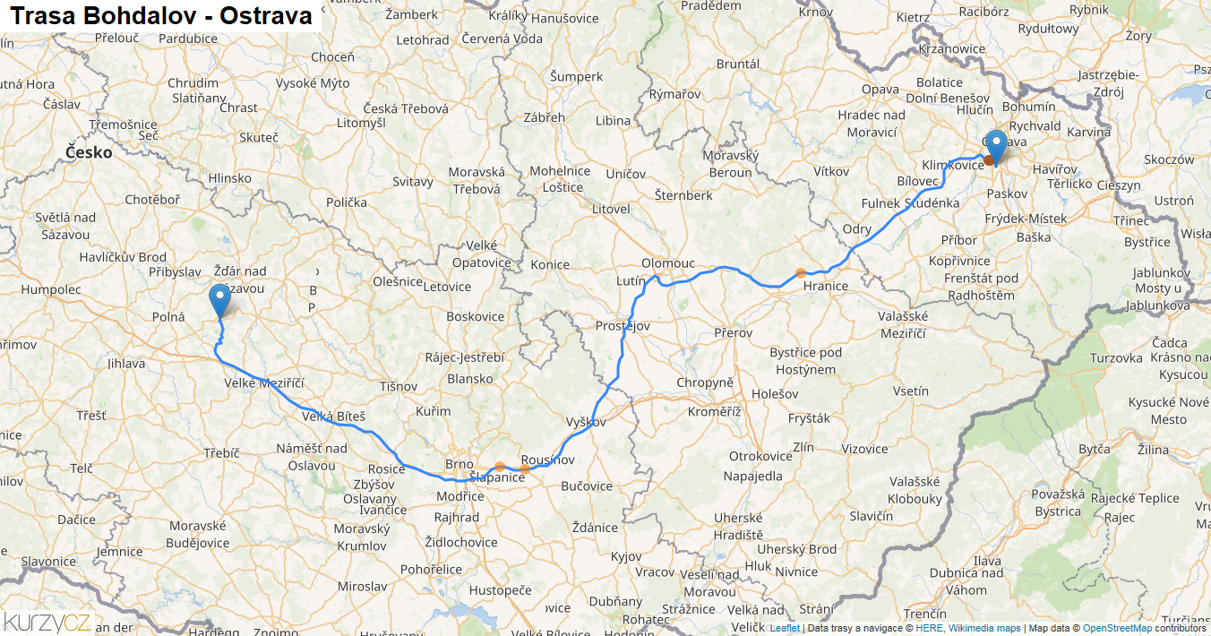 Bohdalov-Ostrava, mapa trasy