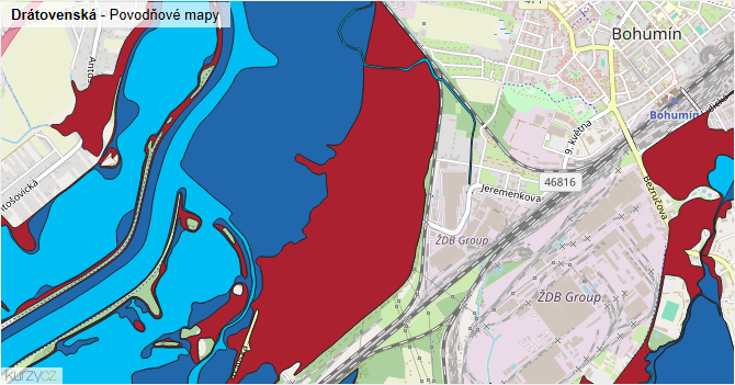 Drátovenská - záplavové mapy stoleté vody