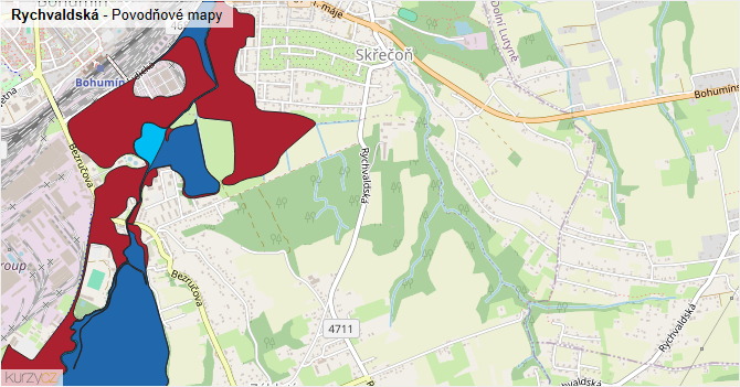 Rychvaldská - záplavové mapy stoleté vody