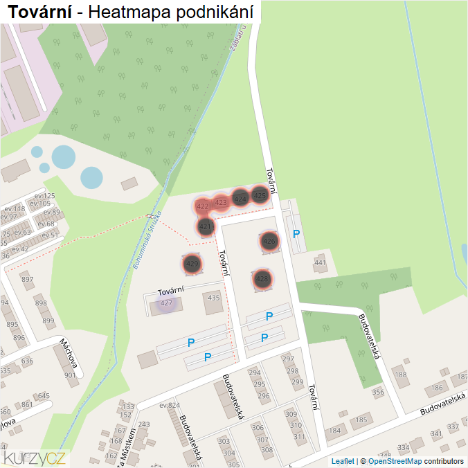 Mapa Tovární - Firmy v ulici.