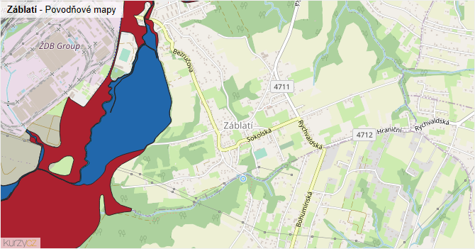Záblatí - záplavové mapy stoleté vody