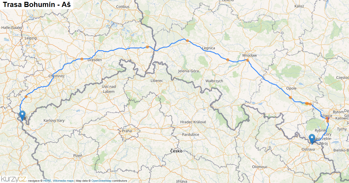 Bohumín-Aš, mapa trasy