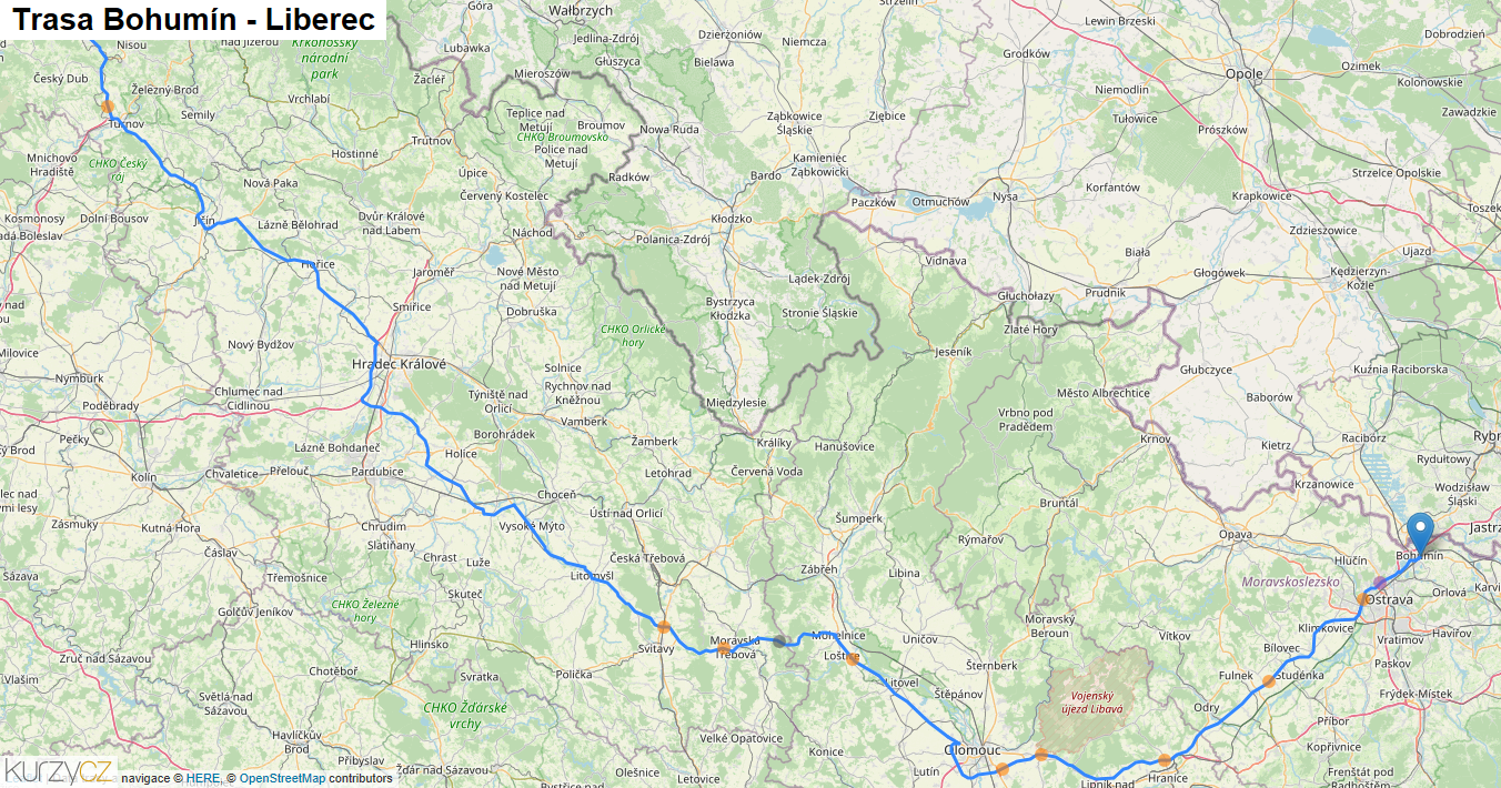 Bohumín-Liberec, mapa trasy