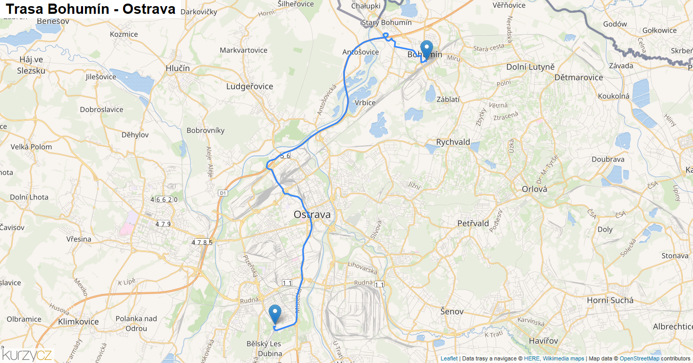 Bohumín-Ostrava, mapa trasy