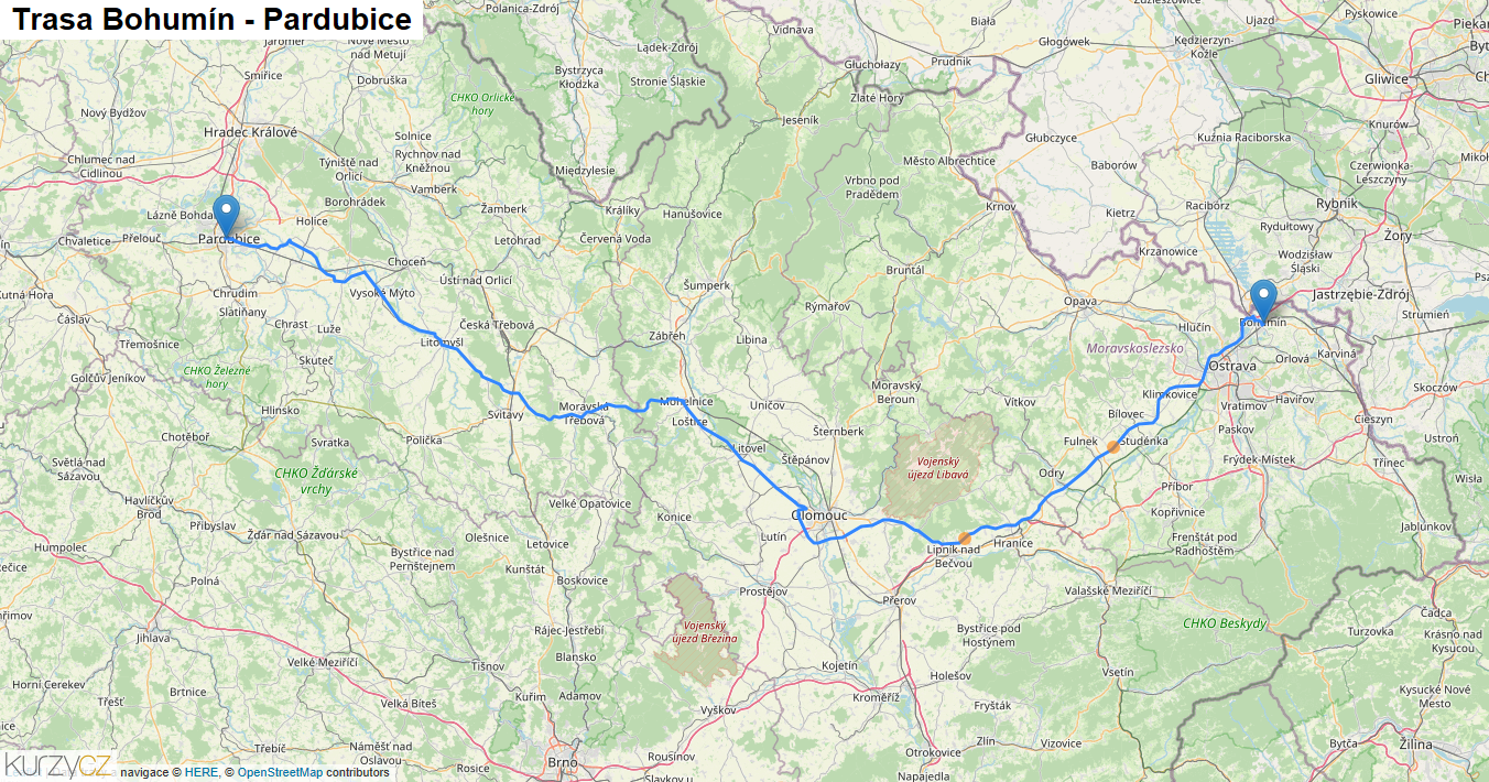 Bohumín-Pardubice, mapa trasy