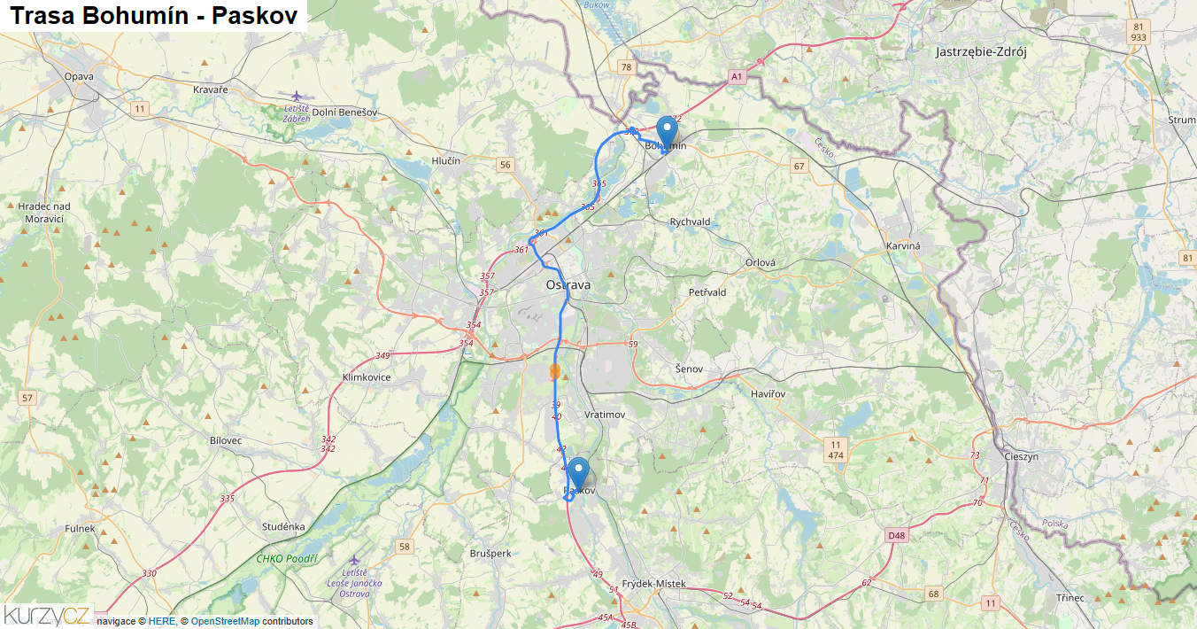 Bohumín-Paskov, mapa trasy