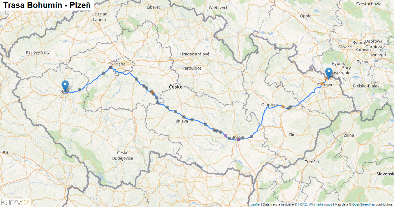 Bohumín-Plzeň, mapa trasy