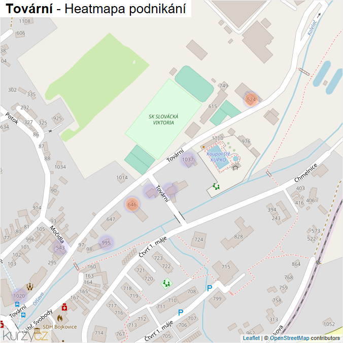 Mapa Tovární - Firmy v ulici.