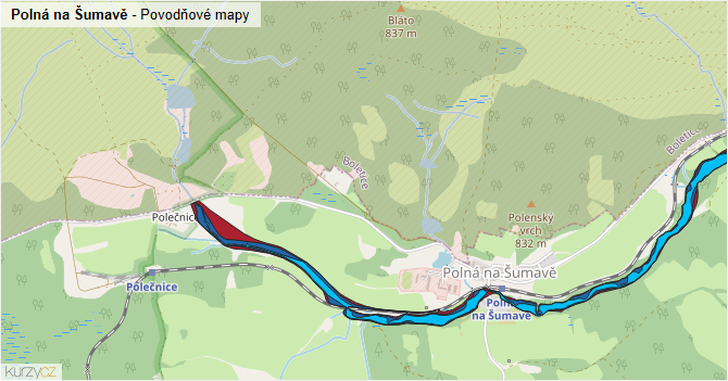 Polná na Šumavě - záplavové mapy stoleté vody