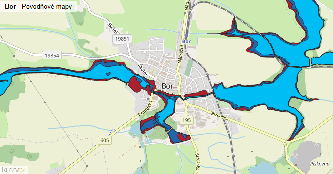 Bor - záplavové mapy stoleté vody