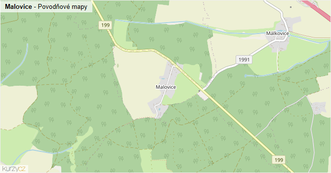 Malovice - záplavové mapy stoleté vody