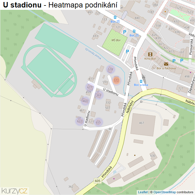 Mapa U stadionu - Firmy v ulici.