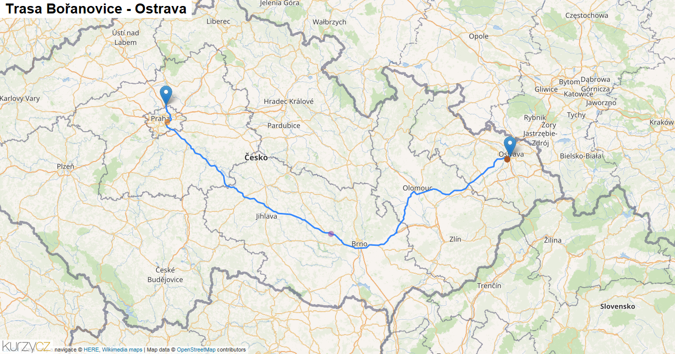 Bořanovice-Ostrava, mapa trasy