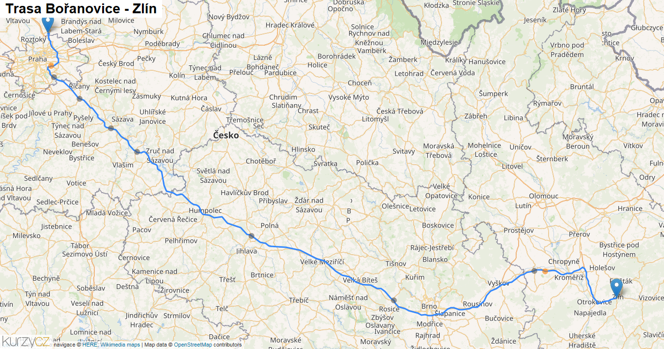 Bořanovice-Zlín, mapa trasy