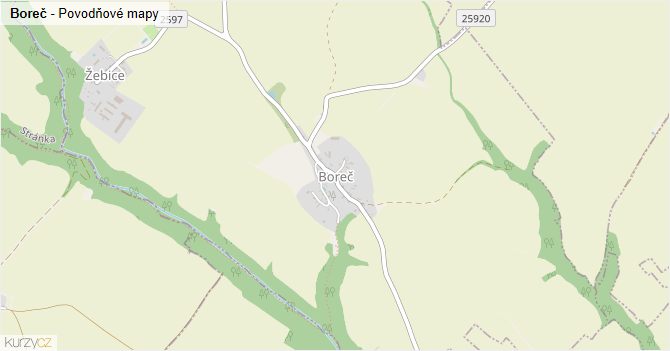 Boreč - záplavové mapy stoleté vody