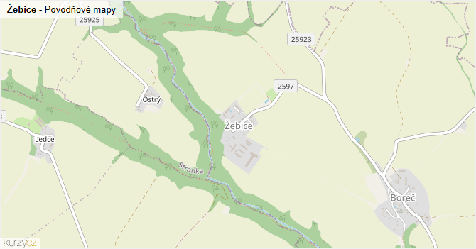 Žebice - záplavové mapy stoleté vody