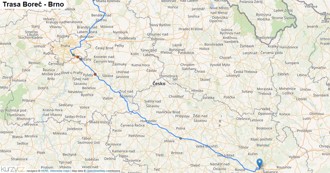 Boreč-Brno, mapa trasy