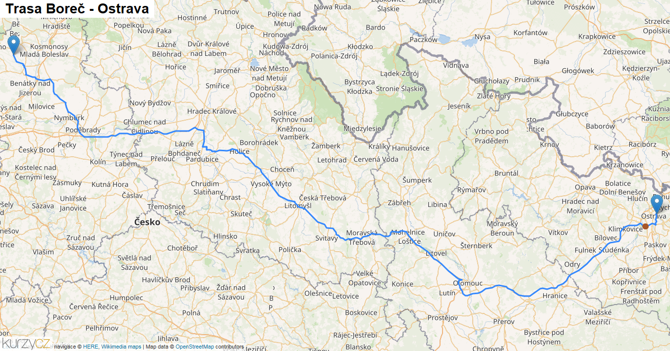 Boreč-Ostrava, mapa trasy