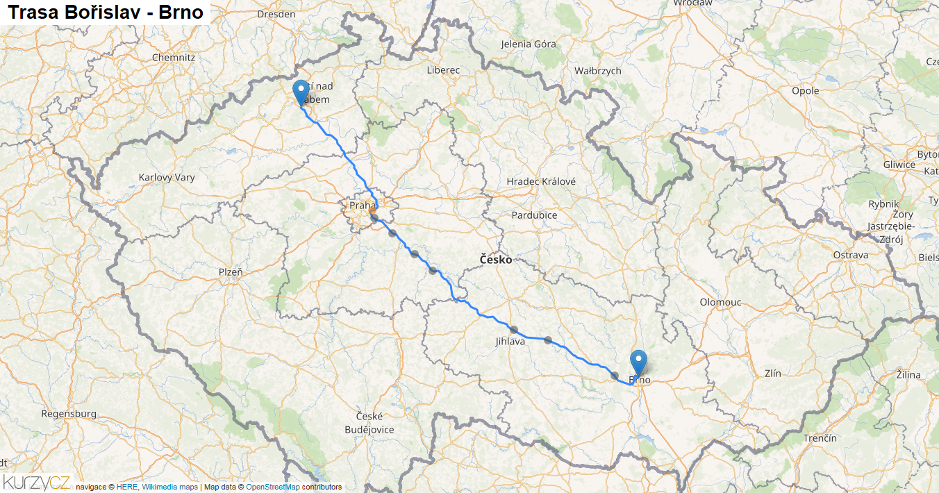 Bořislav-Brno, mapa trasy