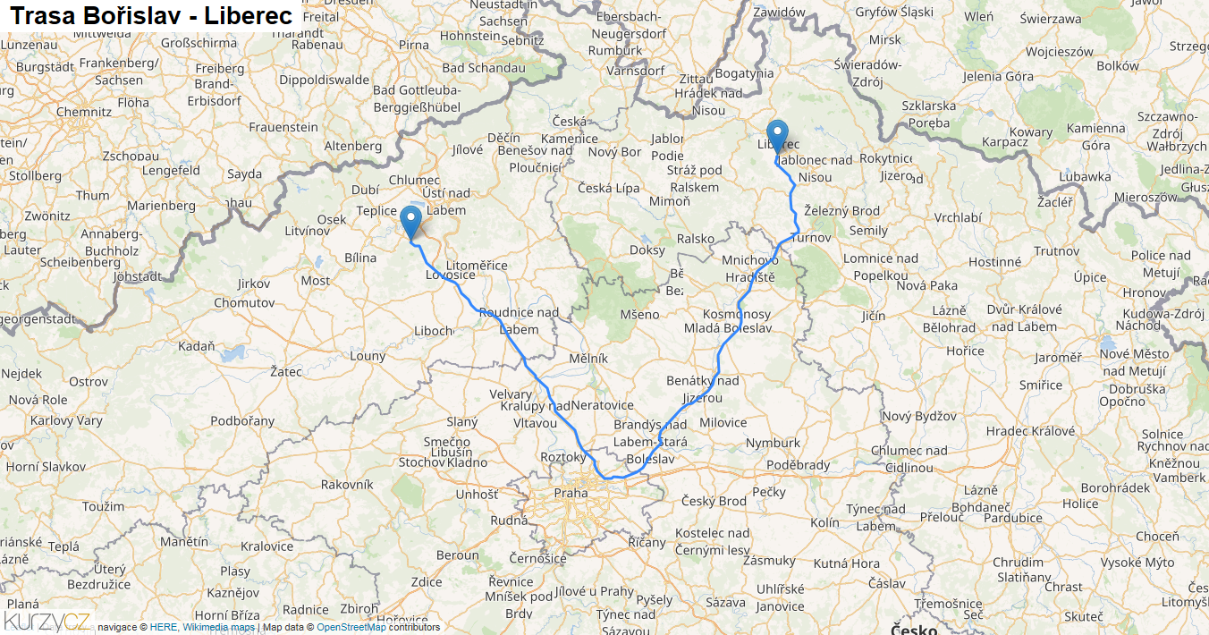 Bořislav-Liberec, mapa trasy