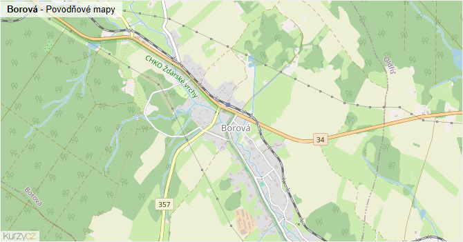 Borová - záplavové mapy stoleté vody