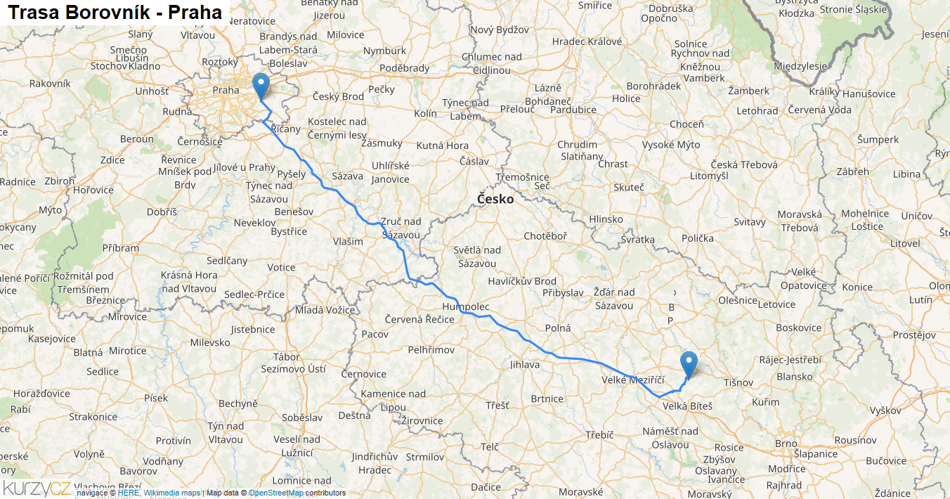 Borovník-Praha, mapa trasy