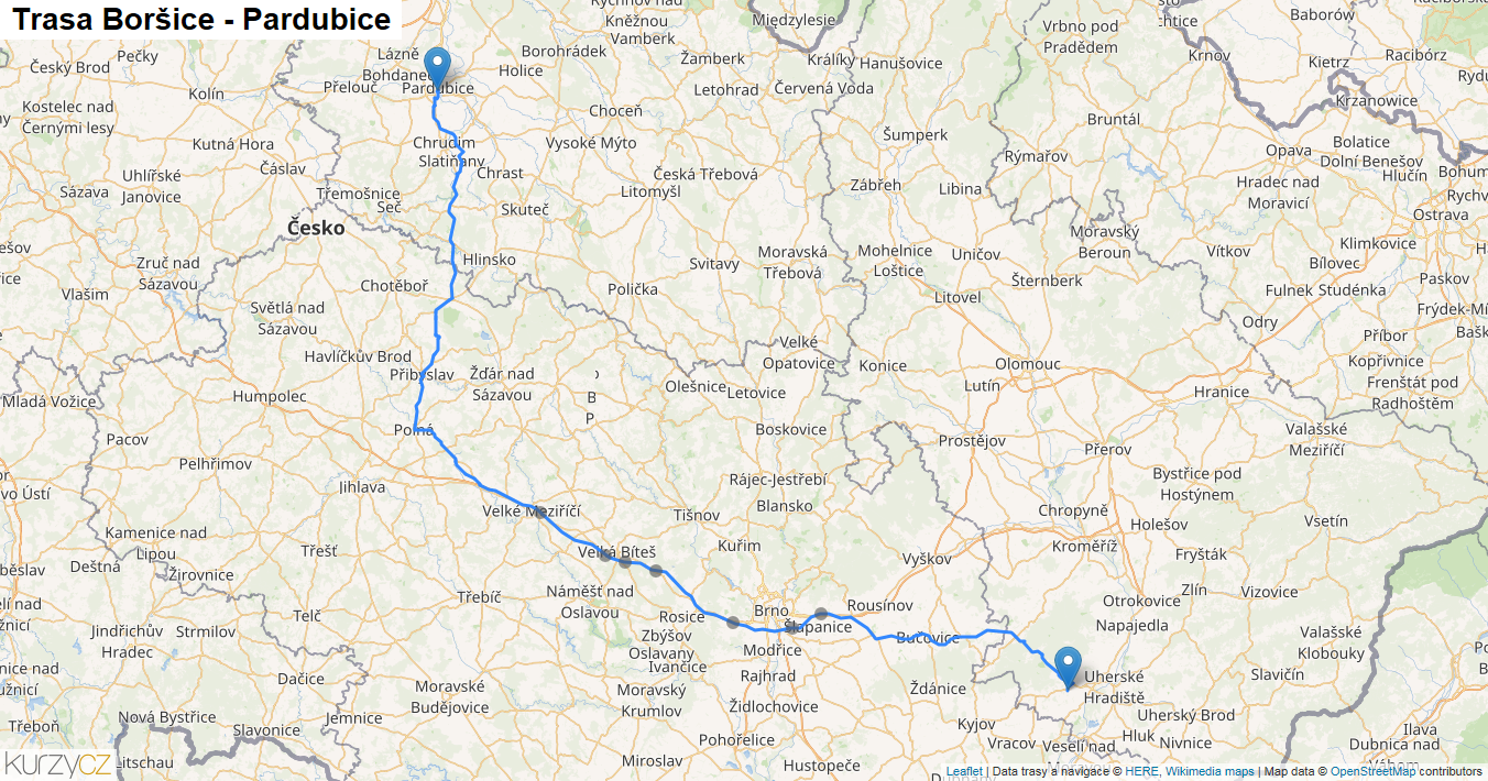 Boršice-Pardubice, mapa trasy