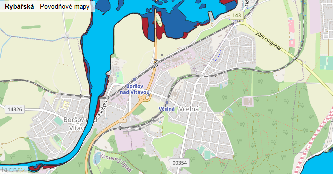 Rybářská - záplavové mapy stoleté vody