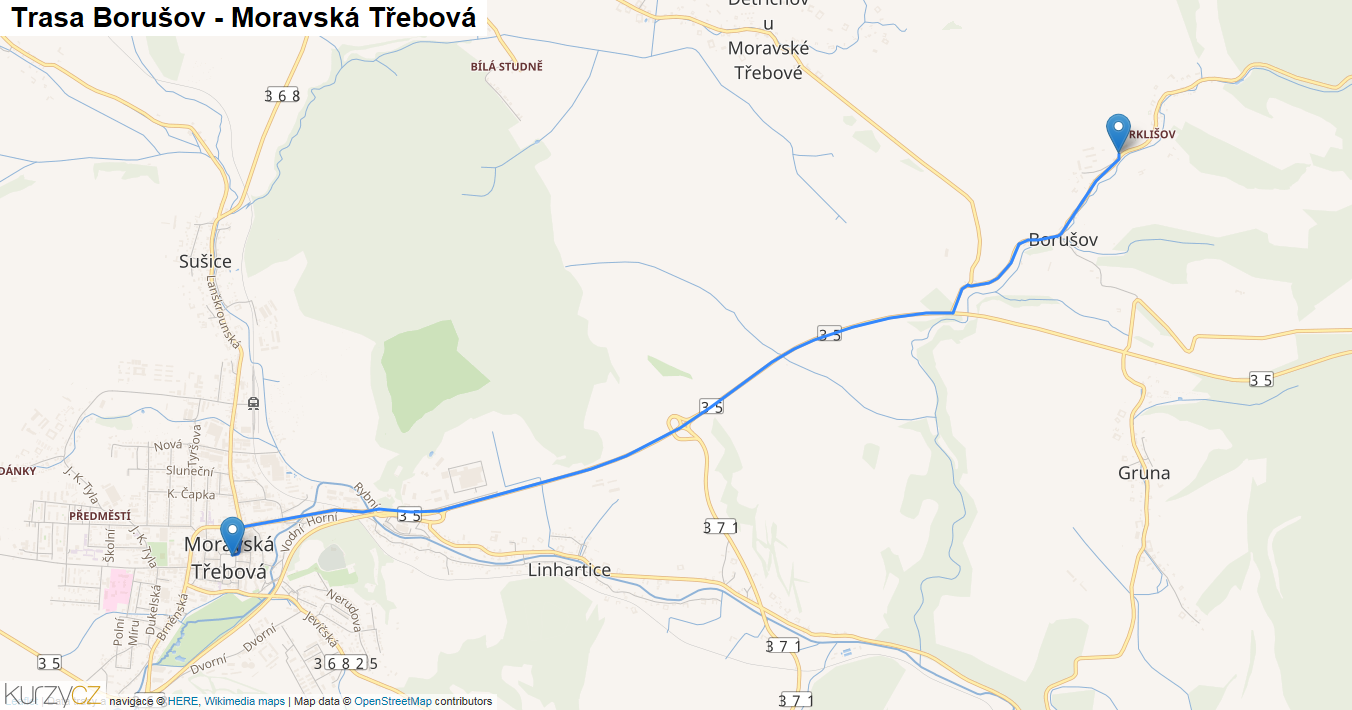 Borušov-Moravská Třebová, mapa trasy