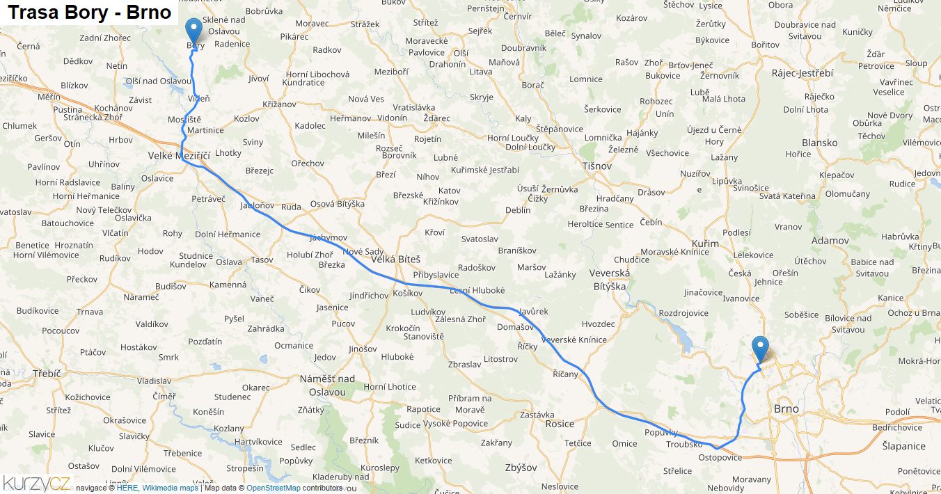 Bory-Brno, mapa trasy