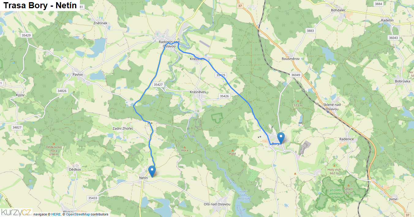 Bory-Netín, mapa trasy
