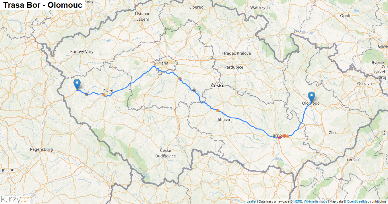 Bor-Olomouc, mapa trasy