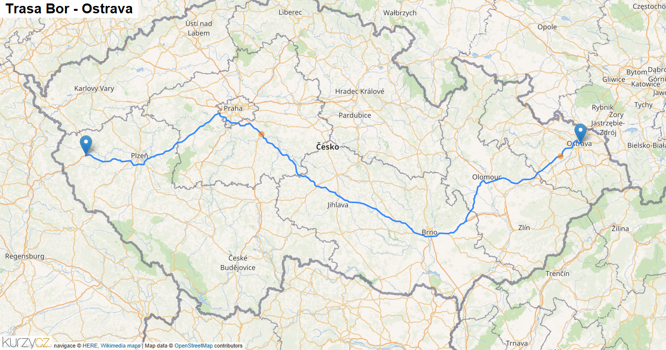 Bor-Ostrava, mapa trasy