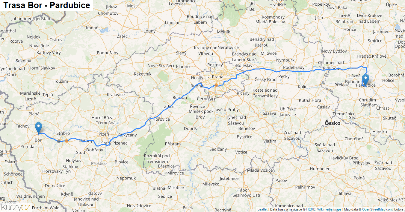 Bor-Pardubice, mapa trasy