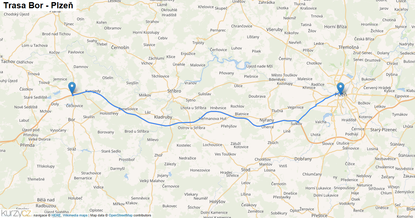Bor-Plzeň, mapa trasy