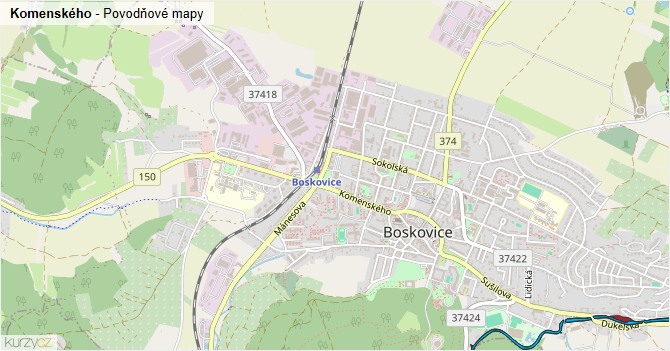 Komenského - záplavové mapy stoleté vody