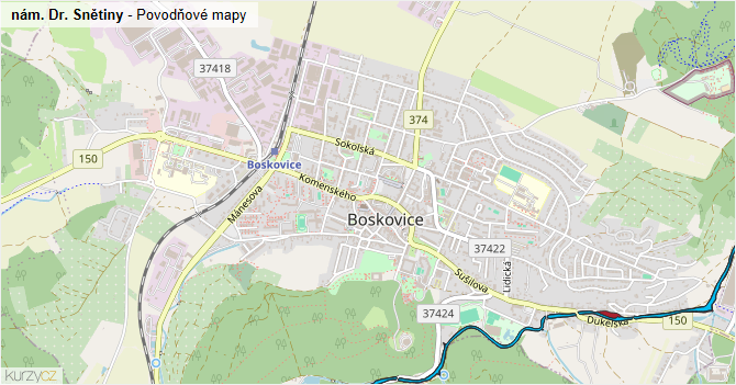 nám. Dr. Snětiny - záplavové mapy stoleté vody