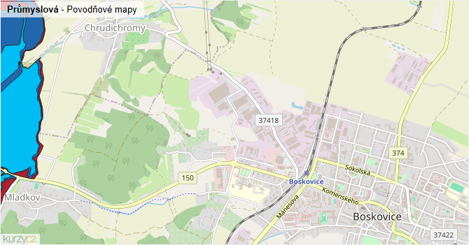 Průmyslová - záplavové mapy stoleté vody