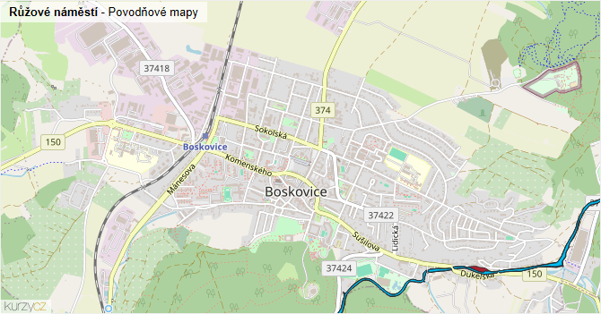 Růžové náměstí - záplavové mapy stoleté vody