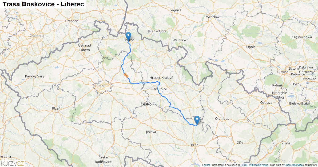 Boskovice-Liberec, mapa trasy