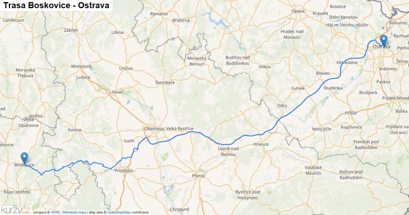 Boskovice-Ostrava, mapa trasy
