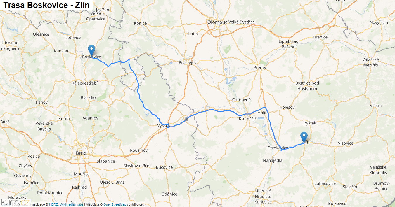 Boskovice-Zlín, mapa trasy
