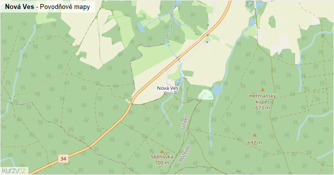 Nová Ves - záplavové mapy stoleté vody
