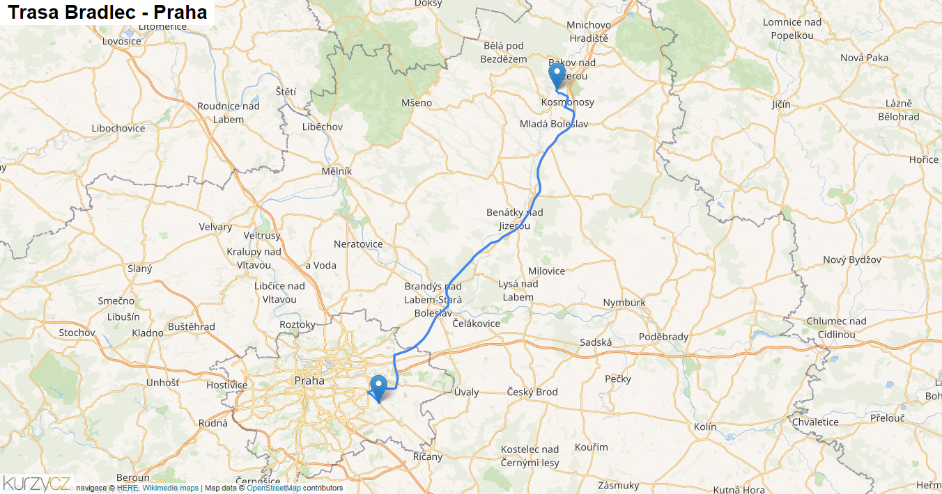 Bradlec-Praha, mapa trasy