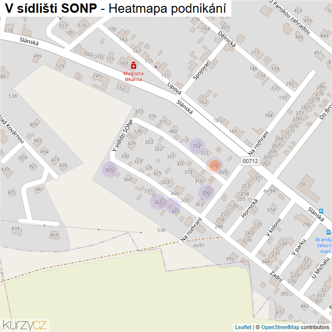 Mapa V sídlišti SONP - Firmy v ulici.