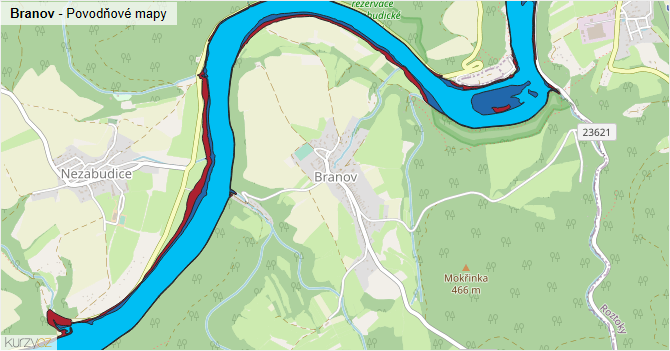 Branov - záplavové mapy stoleté vody