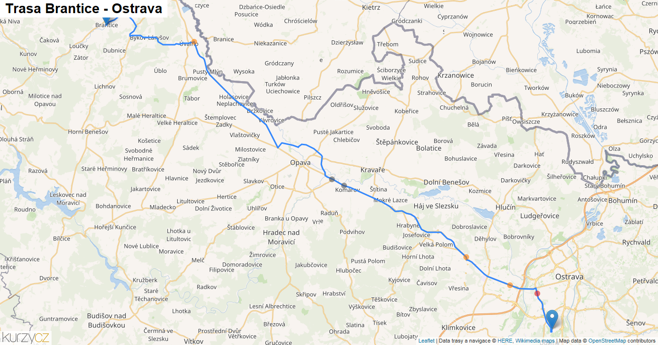 Brantice-Ostrava, mapa trasy