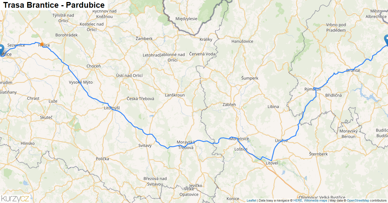 Brantice-Pardubice, mapa trasy