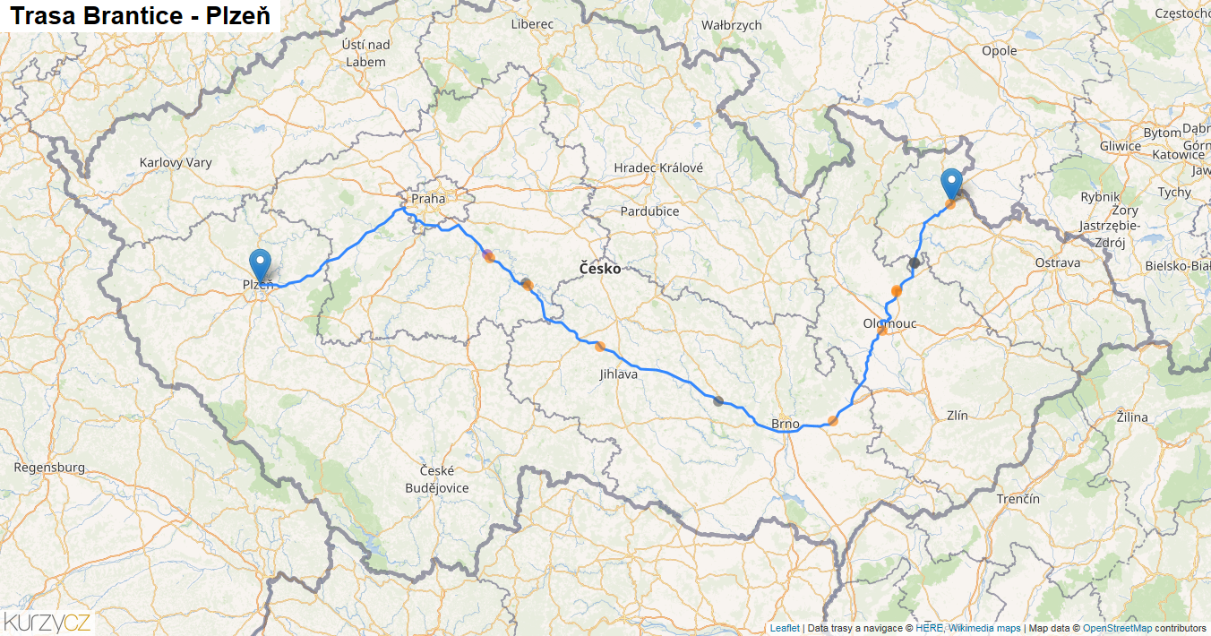 Brantice-Plzeň, mapa trasy