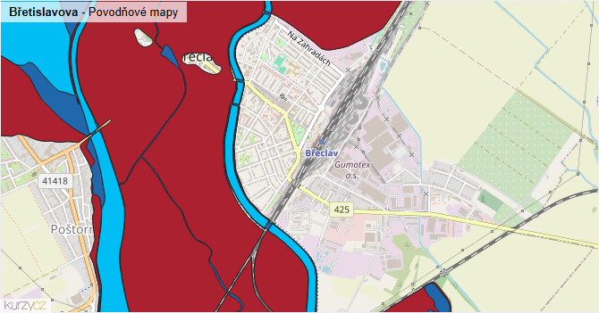 Břetislavova - záplavové mapy stoleté vody